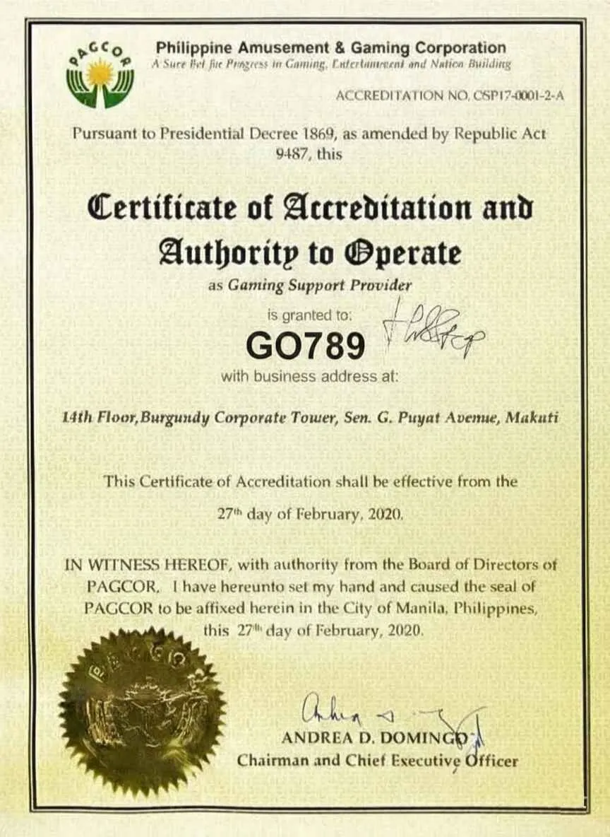 3 Giấy Phép Hoạt Động Quan Trọng Khẳng Định Uy Tín GO789 3 Giấy phép hoạt động PAGCOR cấp cho GO789